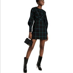 STAUD Mini Crosshill Plaid 100% Cotton Long Sleeve Dress Black Green Medium